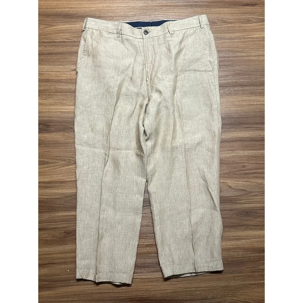 ORVIS Wide Leg Men's Pleated 100% Linen Cuffed Dress Pants Tan/Brown Sz 38x26